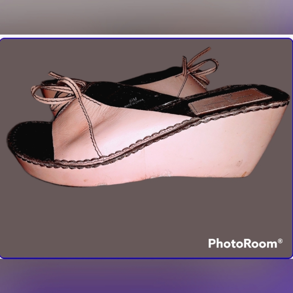 Vintage Linea Paolo Women Pink Leather Slip On Wedge Sandals Size 6.5M-7M